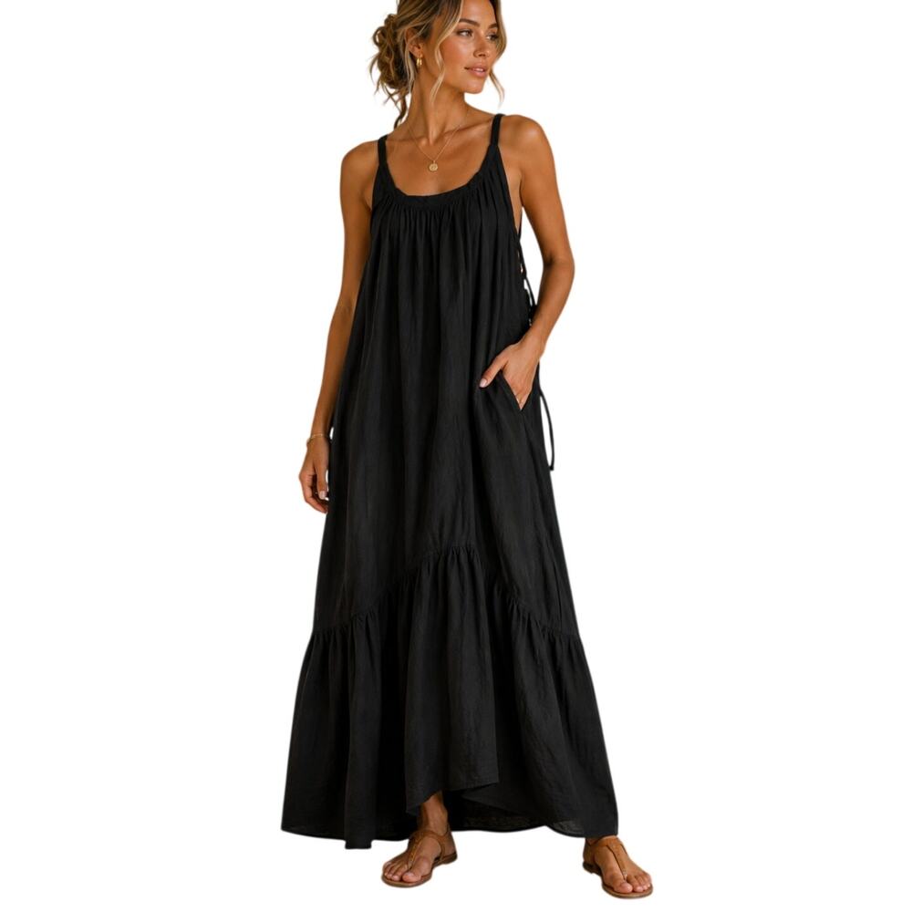 Magari Black Tiered Cotton Boho Maxi Dress Womens L Beachy Summer Cottage Core